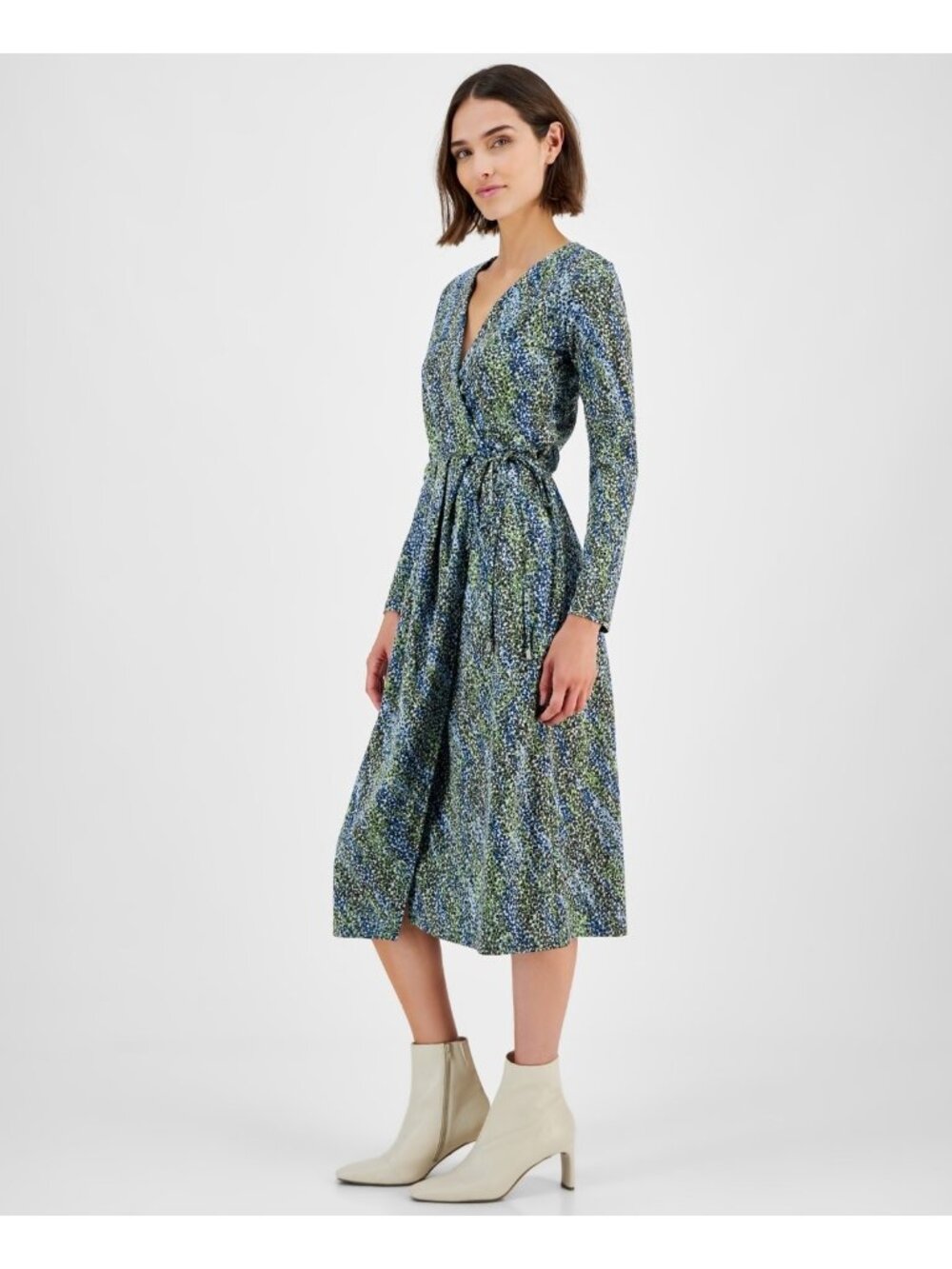 BOSS Orange Women's Modal Long-Sleeve Midi Wrap Dress Blue Green Size L $148